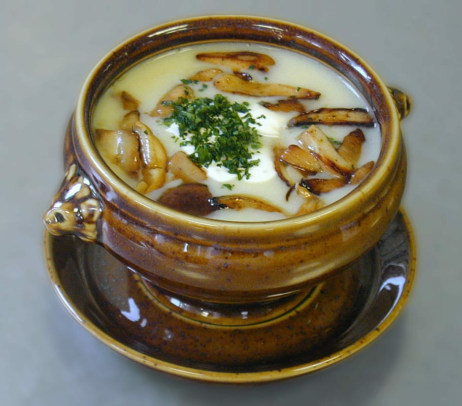 cooked soup served on brown ceramic bowl, starter, potato soup, HD wallpaper