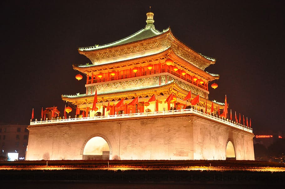 temple during nighttime, grey and orange temple, building, architecture HD wallpaper
