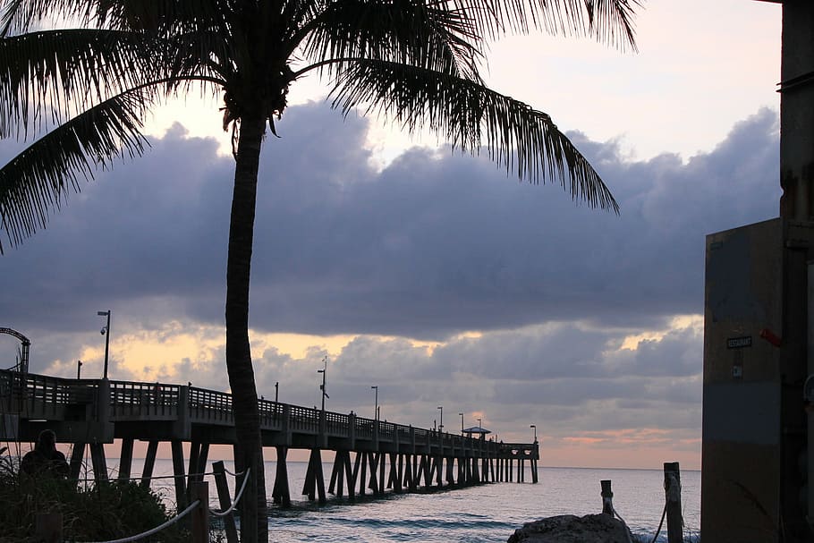 pier, beach, sunrise, sea, sunset, nature, sky, water, cloud - sky HD wallpaper