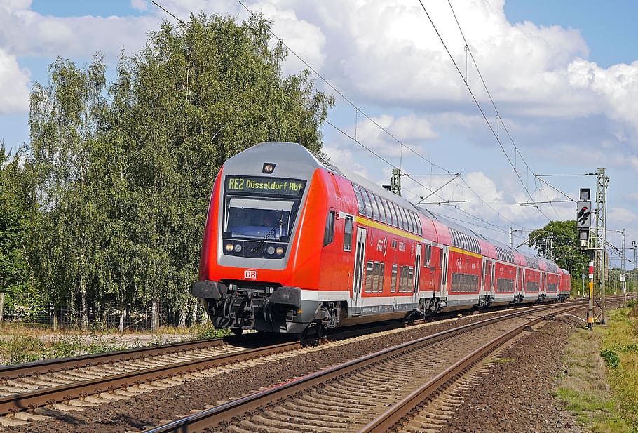 red and gray train during daytime, regional-express, doppelstockzug