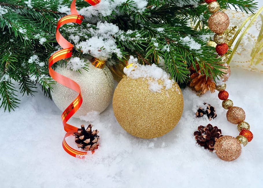 round beige bauble ball, background, balls, christmas, cold, december, HD wallpaper