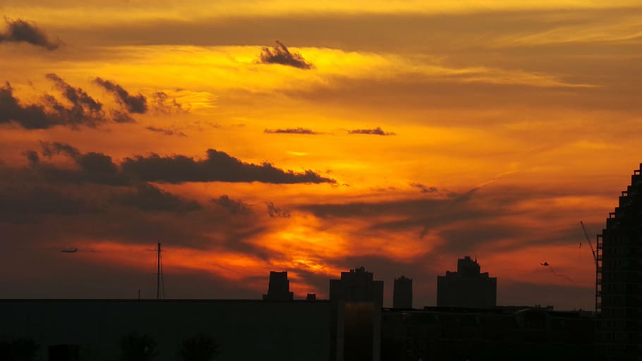 sunset, new york, setting sun, sky, cloud - sky, orange color HD wallpaper