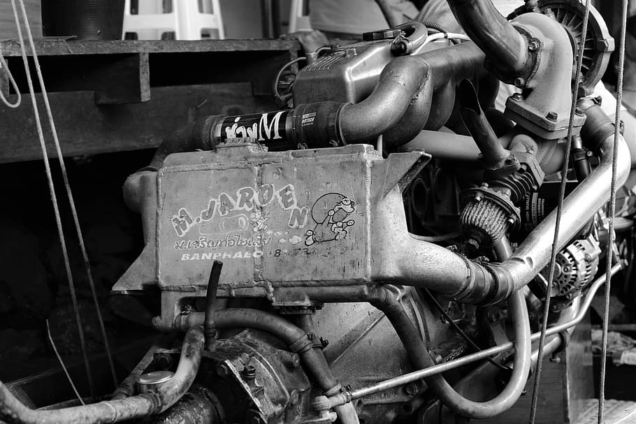 engine, canoe, thailand, boat, old, industry, black And White HD wallpaper