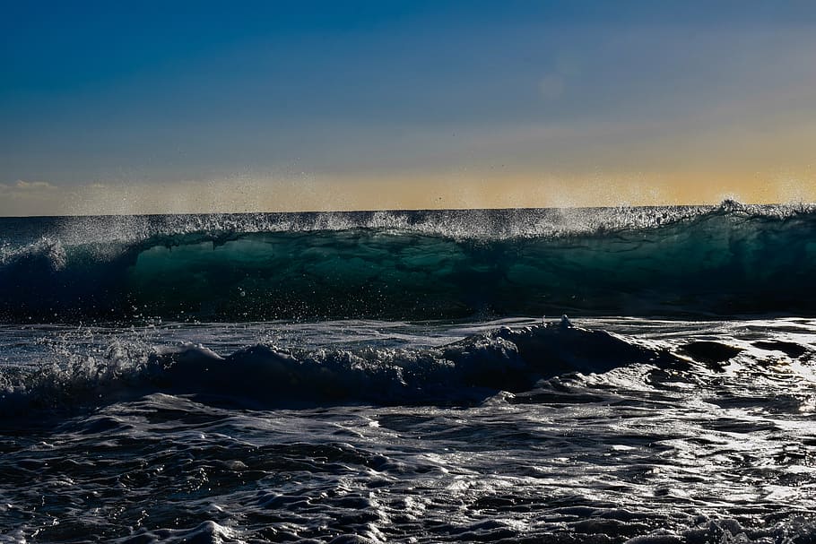wave, foam, spray, sea, sunset, afternoon, water, nature, beach HD wallpaper