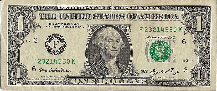 photo of 1 U.S. dollar banknote, money, bill, legal tender, financial