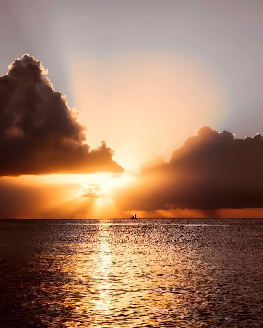 sail boat under gray and blue sky during golden hour, sailboat HD wallpaper