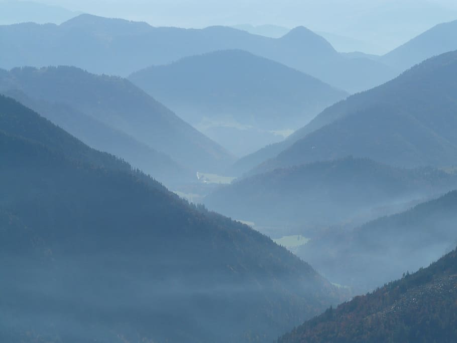 landscape photography of foggy hills, mountain, mountains, back light HD wallpaper