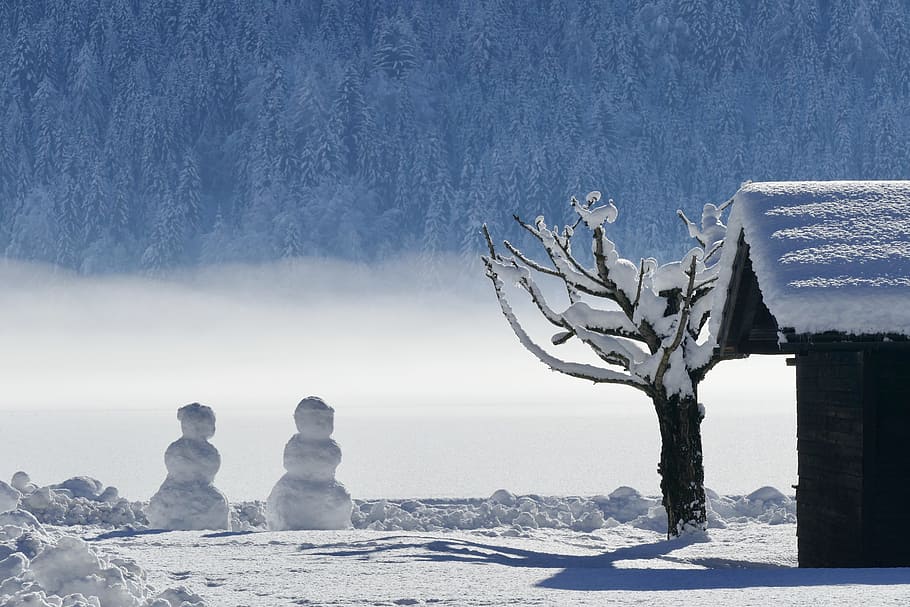 two snowman near wooden house during daytime, winter, cold HD wallpaper