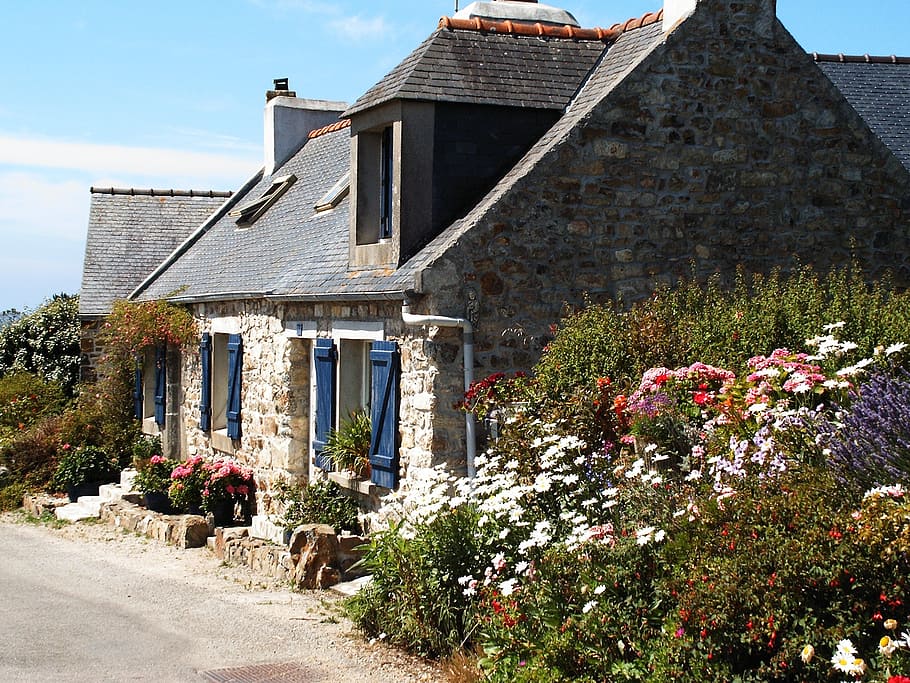 house surrounded by flowers, cottage, brittany, france, traditional