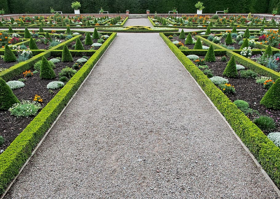 gray gravel pathway surrounded by green leafed plants taken at daytime HD wallpaper