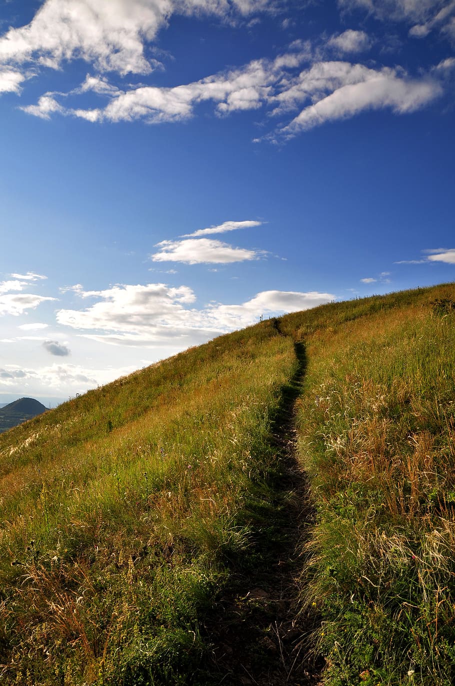 path, hill, nature, blue sky, landscape, české středohoří HD wallpaper