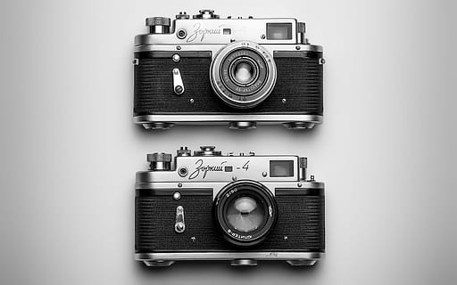 two grey MILC cameras, lens, obsolete, shutter, classic, retro HD wallpaper