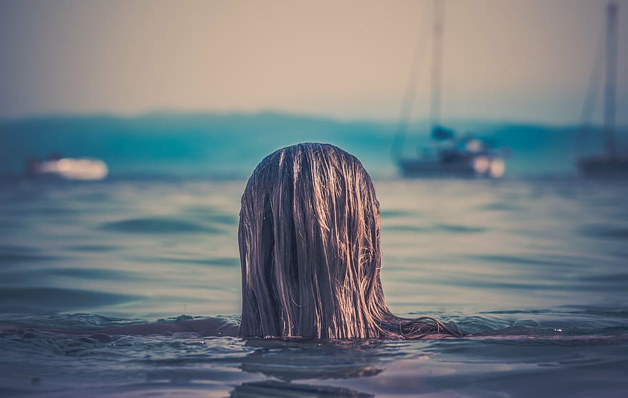 woman in body of water, blonde, haired, near, boat, white, sky, HD wallpaper