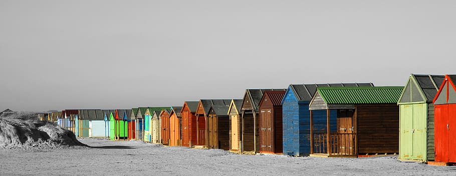 beach huts, shed, land, in a row, multi colored, no people HD wallpaper