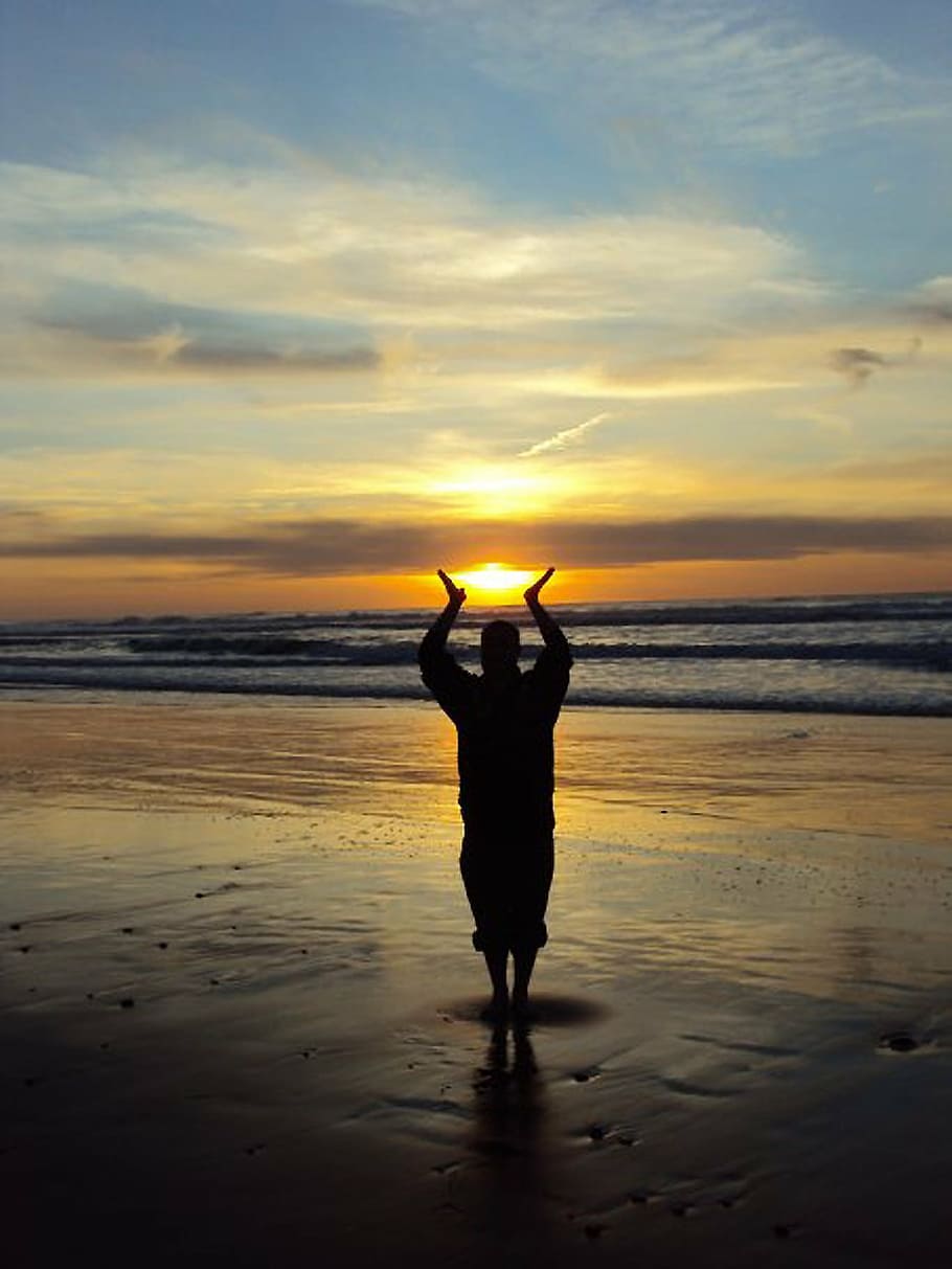 silhouette, beach, sunrise, sunset, sand beach, shadow, sea HD wallpaper