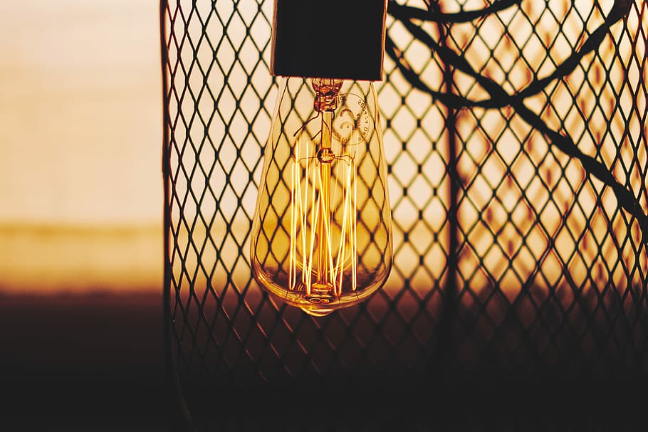 silhouette photo of light bulb near chain-link fence, closeup photo of orange glass bulb HD wallpaper