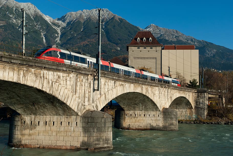 Austria, Bridge, Train, Mountains, buildings, river, water HD wallpaper