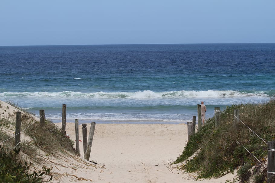 ocean, sand, walk, beach, sea, water, fence, australia, hawks nest, HD wallpaper