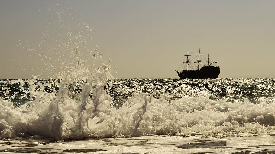 wave, smashing, drops, liquid, foam, spray, boat, pirate ship HD wallpaper