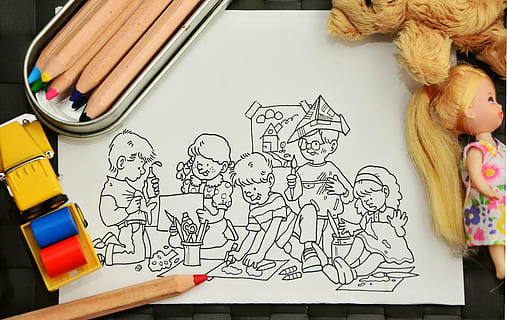 assorted-color pens, paint, tinker, kindergarten, coloring pages HD wallpaper