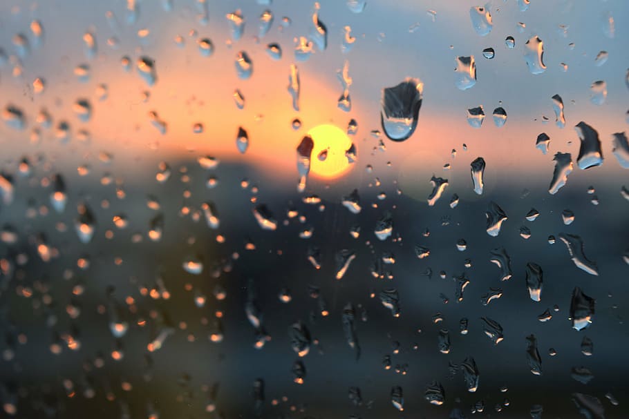 closeup photo of water drops on glass, rain, wet, window, sunset HD wallpaper