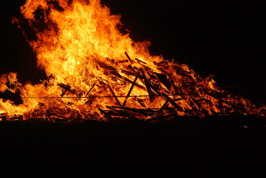 funeral pyre, fire, may fire, flame, heat, burn, holzstapel, HD wallpaper