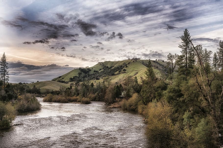 american river, california, landscape, scenic, sky, clouds, water, HD wallpaper