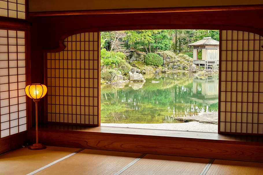 brown floor lamp near body of water, landscape, japan, japan house