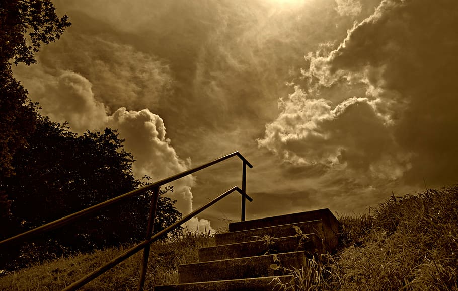 gray concrete stairs with gray metal handrail, sky, clouds HD wallpaper