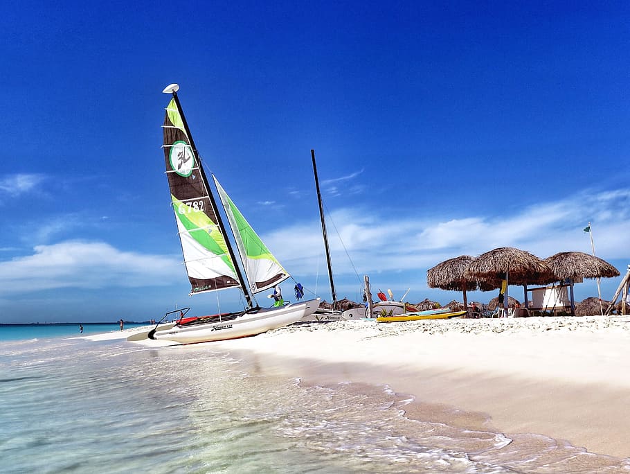 sailboat on shore, beach, water, ocean, coast, sand, tourism HD wallpaper