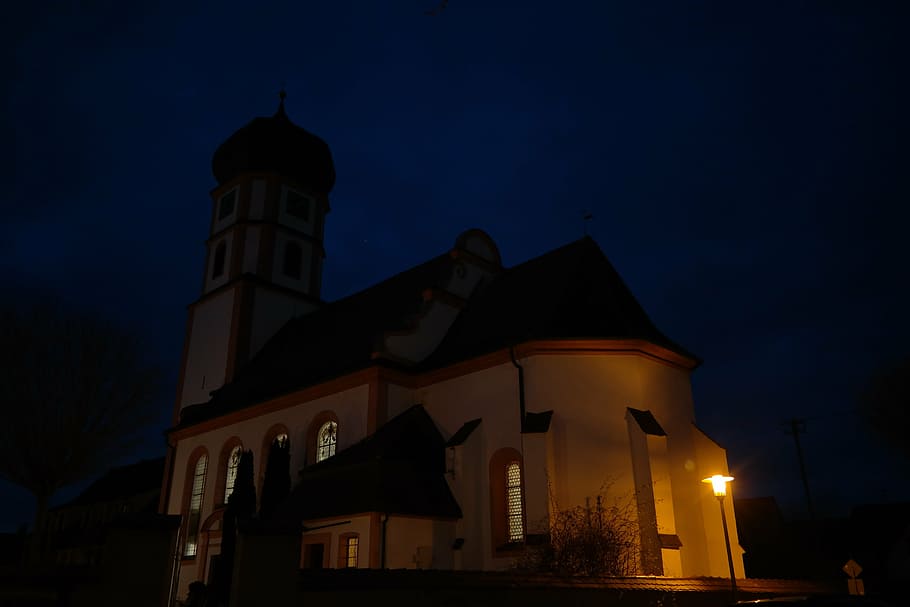 church, steeple, at night, illuminated, evangelical parish