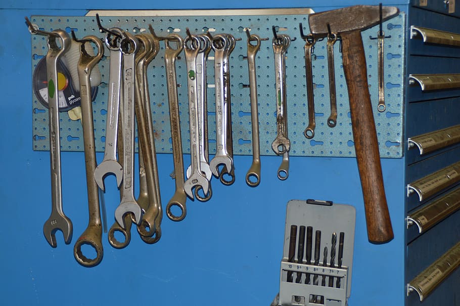 tools, workshop, hammer, wrench, metal, no people, hanging HD wallpaper