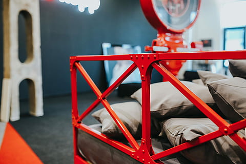 Beds and pillows at an exhibition, red, weight, scales, cushions HD wallpaper