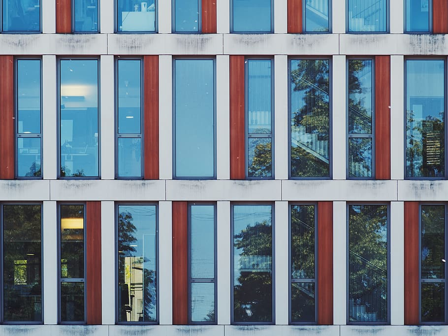 white and red building, clear glass windows on white wall, framed HD wallpaper