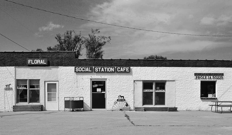 cafe, post office, store, restaurant, black and white, roadside cafe HD wallpaper