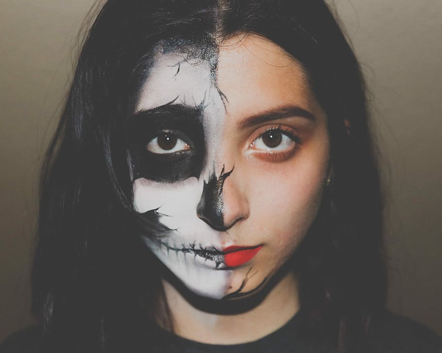 woman with skull paint on her half face, woman wearing black crew-neck top, HD wallpaper