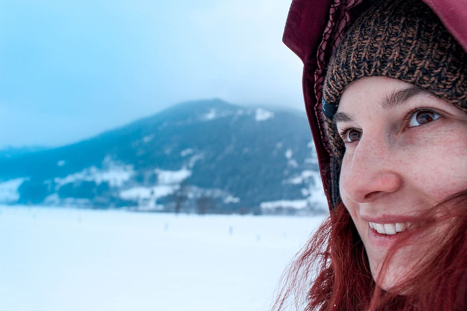 winter, snow, cold, wintry, snow landscape, forest, woman, snow sky HD wallpaper
