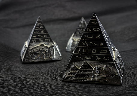 three black pyramid miniatures on black textile, pyramids, ancient HD wallpaper