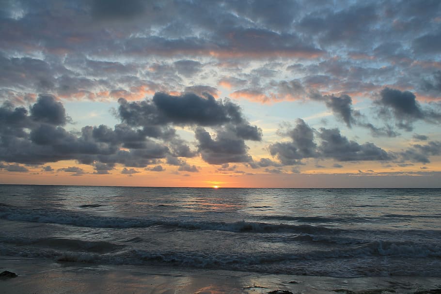 beach, sky, sun, sunrise, clouds, sea, water, horizon, horizon over water HD wallpaper
