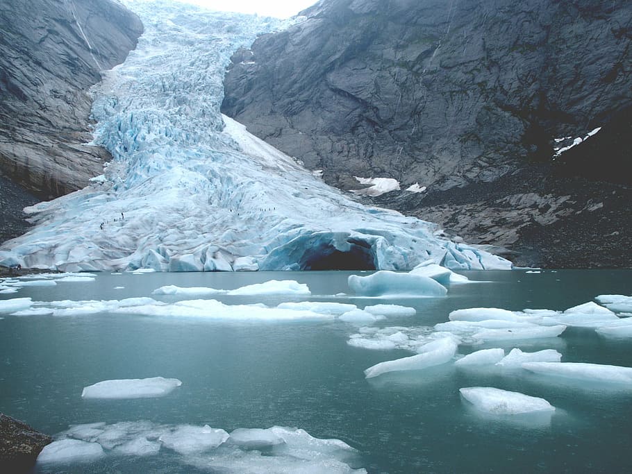 ice berg on brown hill, briksdal, climate change, norway, cold temperature HD wallpaper