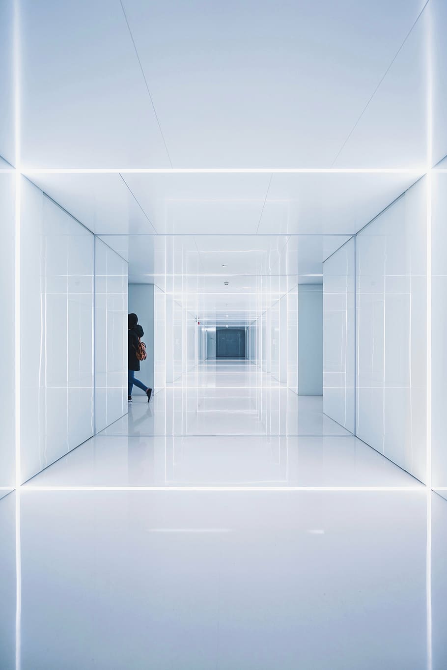 person walking inside white hallway, architecture, building HD wallpaper