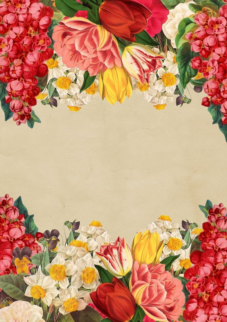 red, yellow, and pink flowers painting, background, vintage, roses
