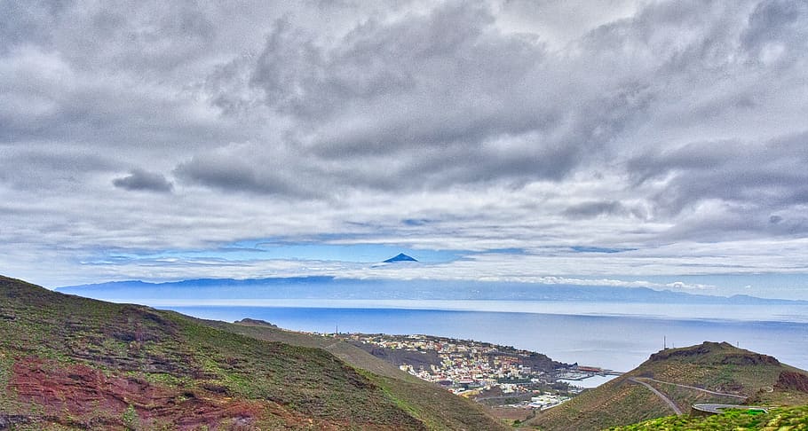 sea, sky, ocean, clouds, landscape, teide, gomera, silhouettes HD wallpaper