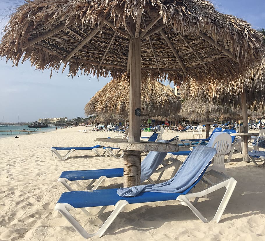 palapa, aruba, sand, beach, vacation, thatched roof, chair, HD wallpaper