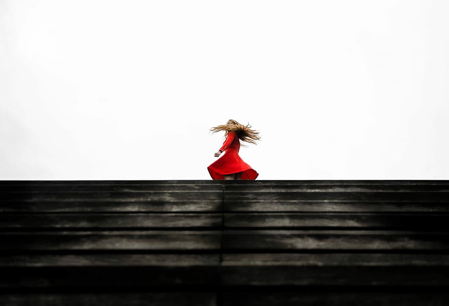 standing woman in red long-sleeve dress during daytime, women HD wallpaper