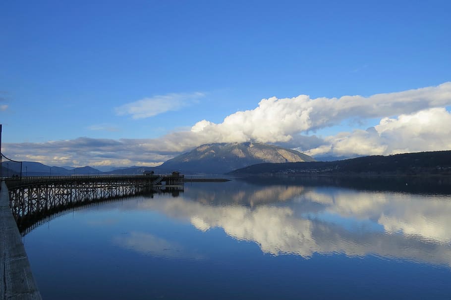 architecture, clouds, lake, landscape, mountain, outdoors, pier HD wallpaper