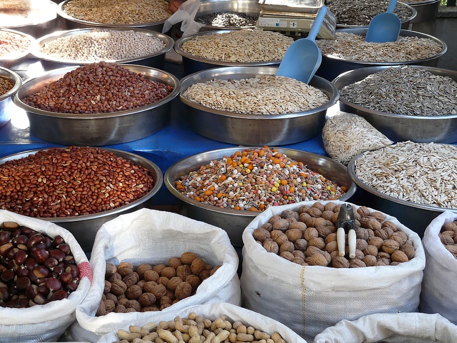 assorted nuts and beans, seeds, grains, market, selection, offer