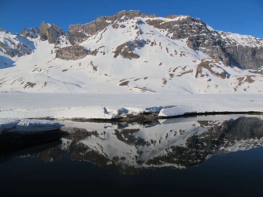 light, mirroring, mountain, alpine, lake, sky, landscape, snow HD wallpaper