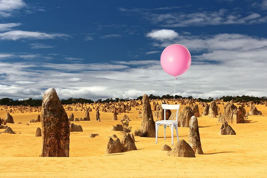 white chair with balloon on brown soil ground, float, floating HD wallpaper