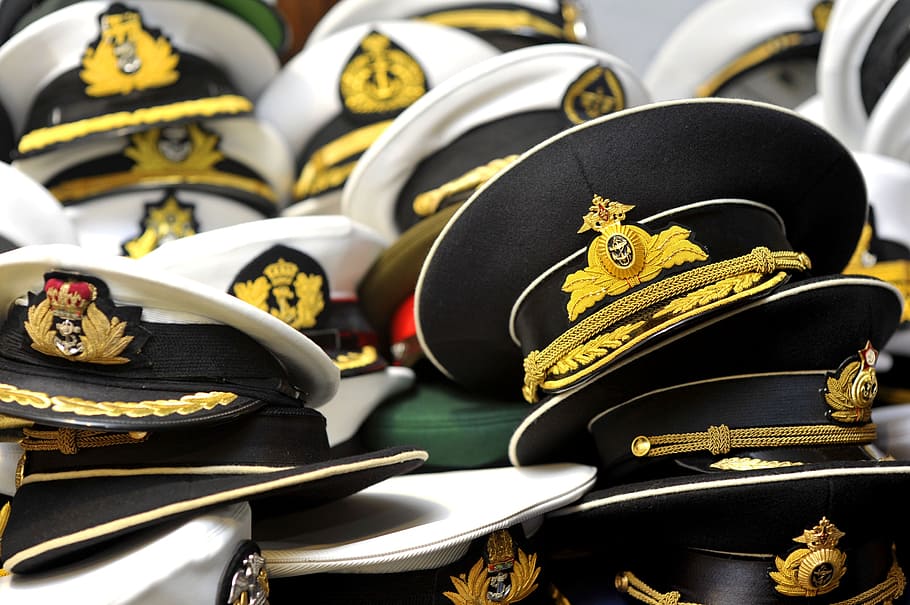 black and white captain's hat lot, hats, table, naval, representatives HD wallpaper